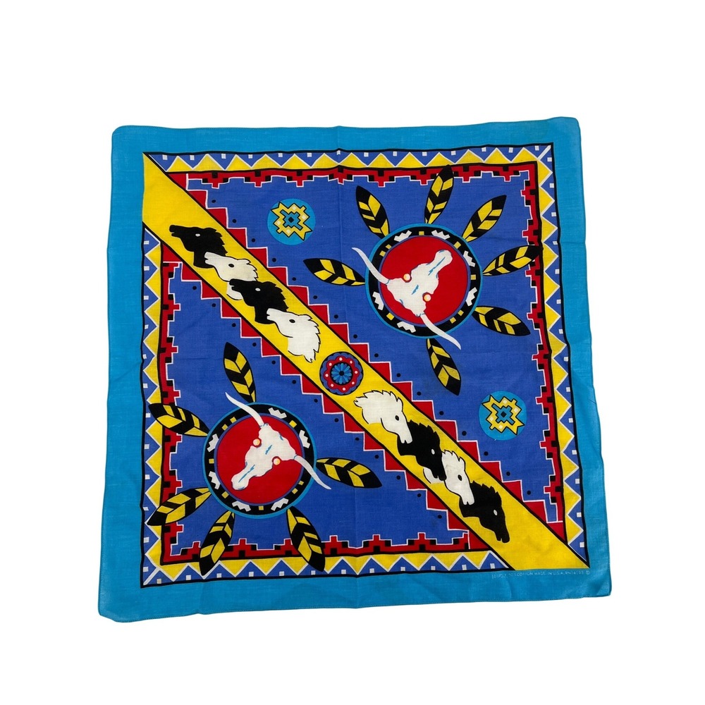 Vintage Southwestern Steer Skull Horse Bandana Blue Red Yellow Made in USA Scarf
